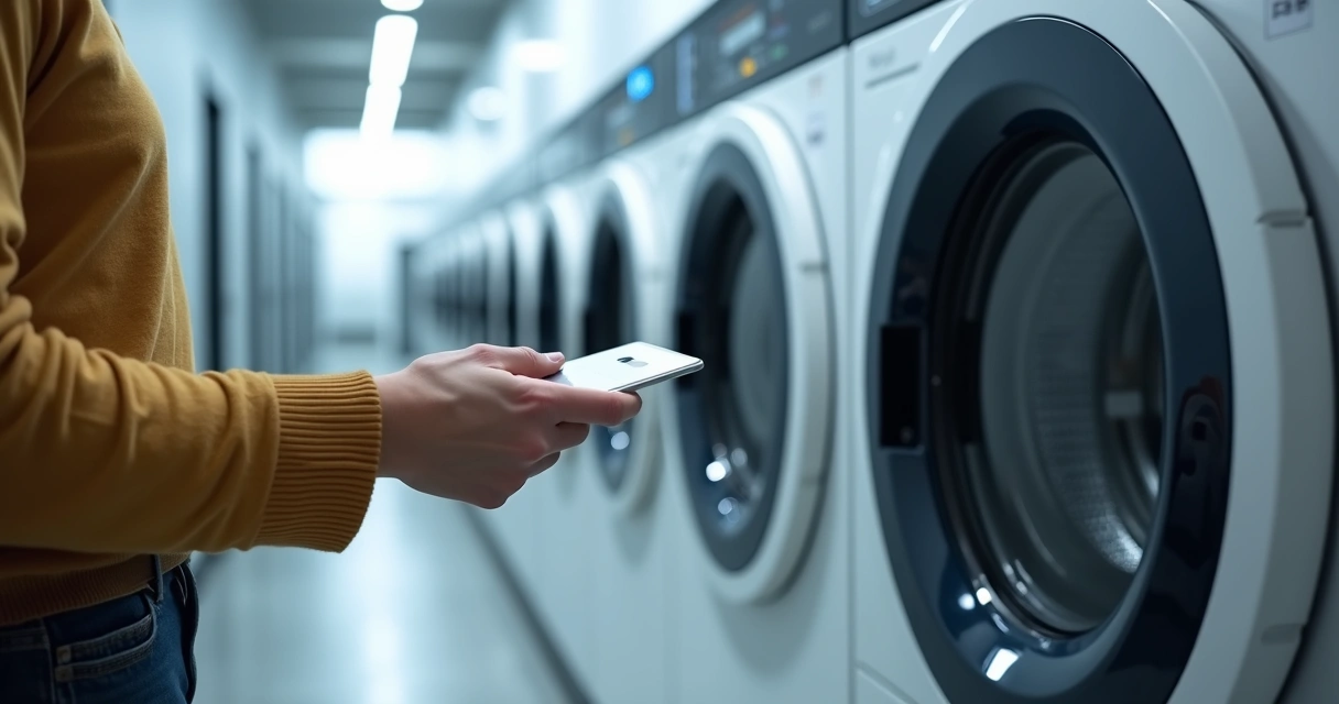 Pessoa segurando ficha digital próxima a máquina de lavar 