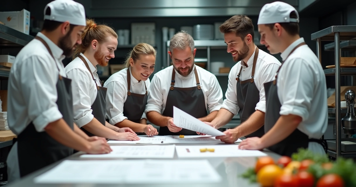 Equipe de cozinha conferindo ficha técnica 