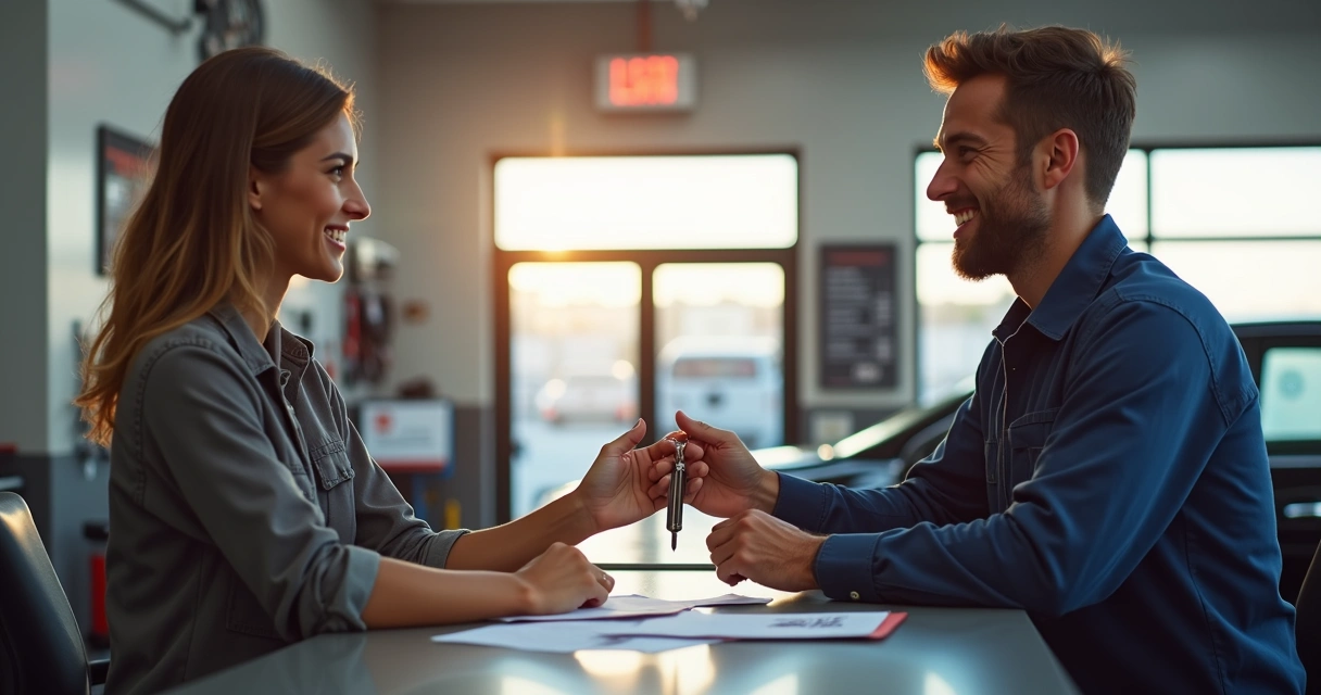Cliente satisfeito recebendo chave de carro na oficina 