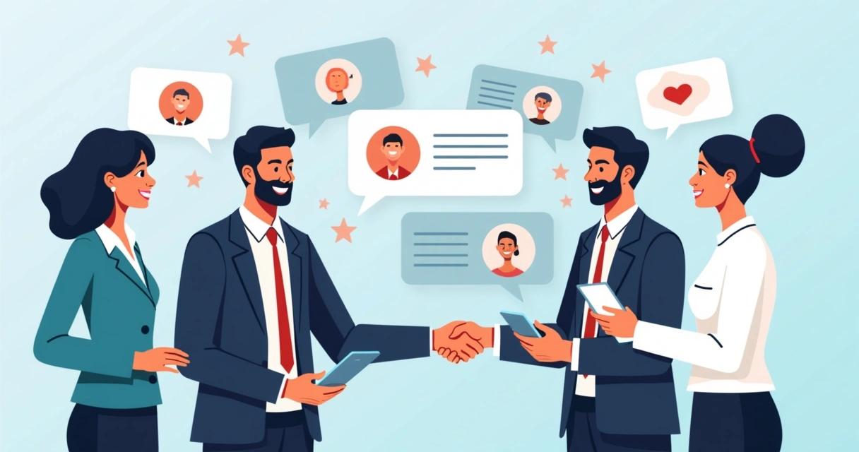 Clientes satisfeitos interagindo com chatbot e equipe empresa 