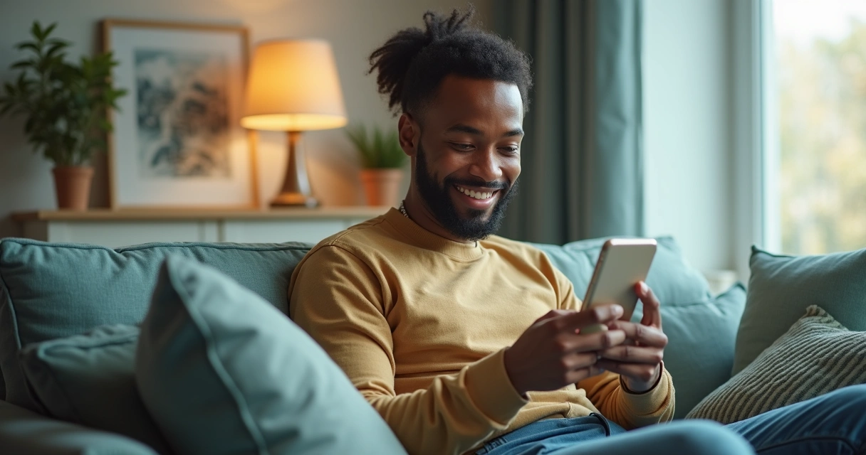 Cliente satisfeito usando aplicativo de pós-venda 