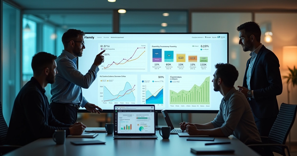 Equipe de marketing analisando painel de dados de clientes em um e-commerce 