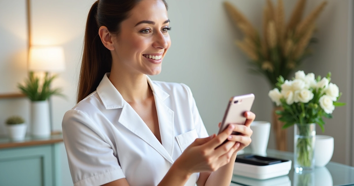 Profissional de estética recebendo uma avaliação positiva de cliente pelo celular