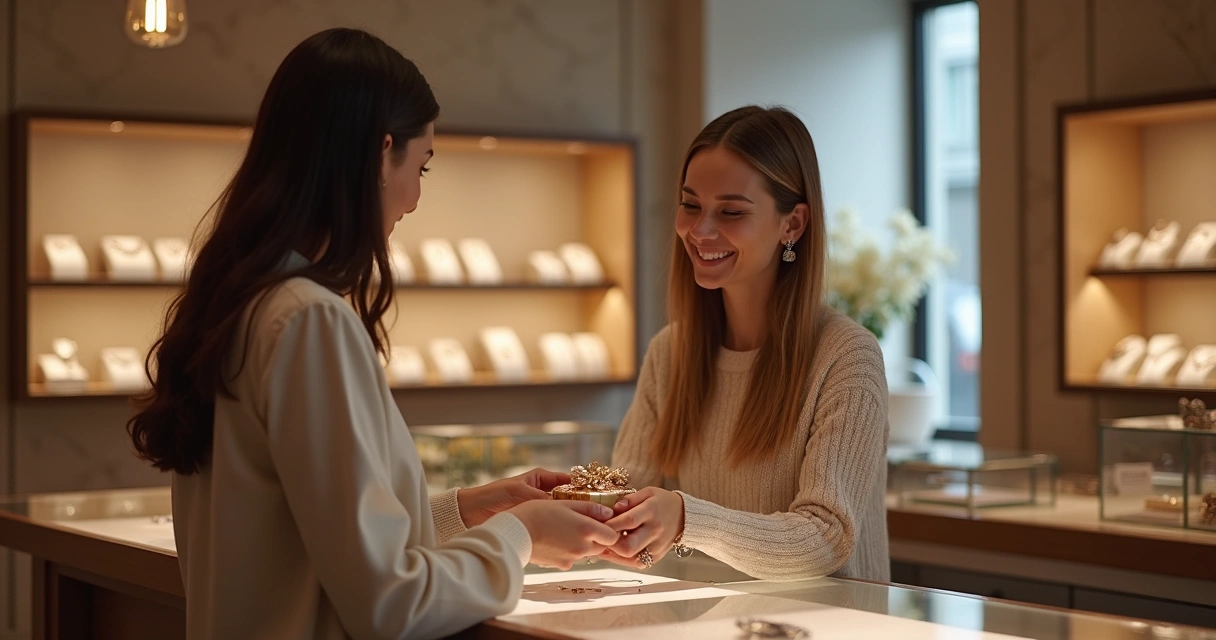 Cliente sorrindo, recebendo joia em embalagem elegante no balcão 
