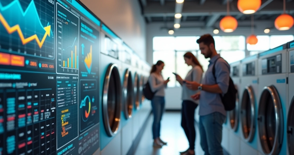 Painel moderno exibindo taxa de retorno e clientes fiéis em lavanderia 