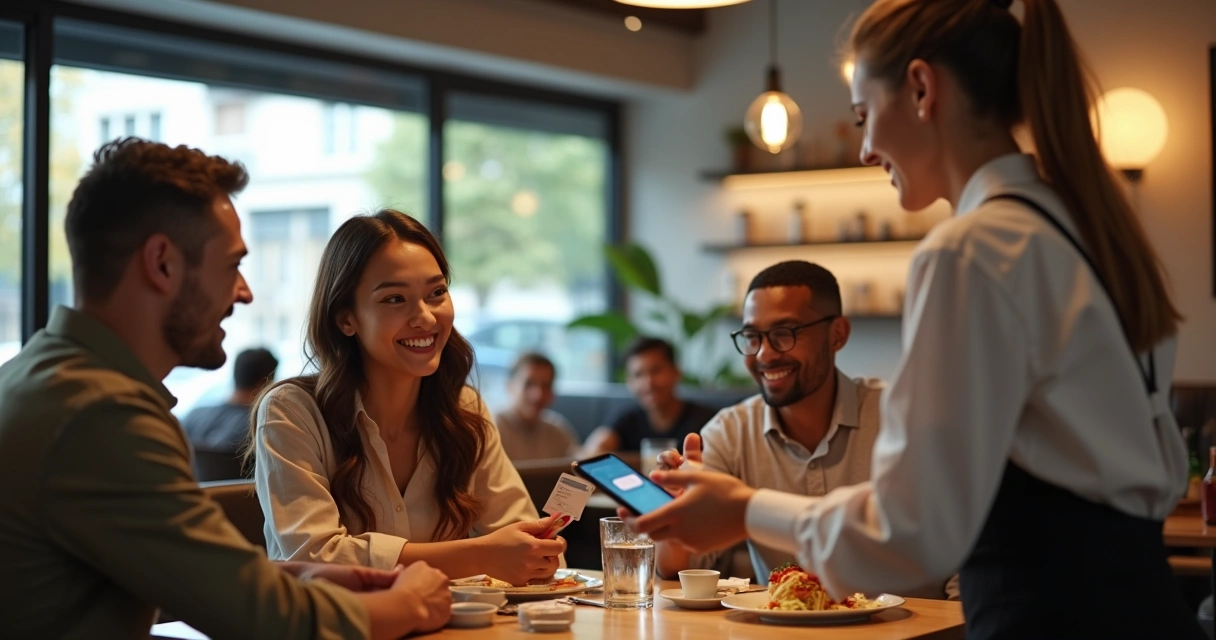 Cliente recebendo cashback em restaurante pequeno 