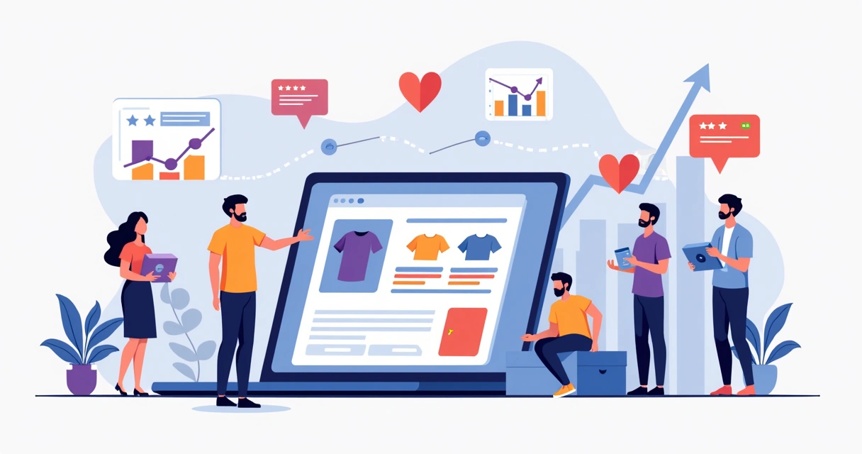 Ilustração de empreendedor de print on demand fidelizando clientes com produtos personalizados 