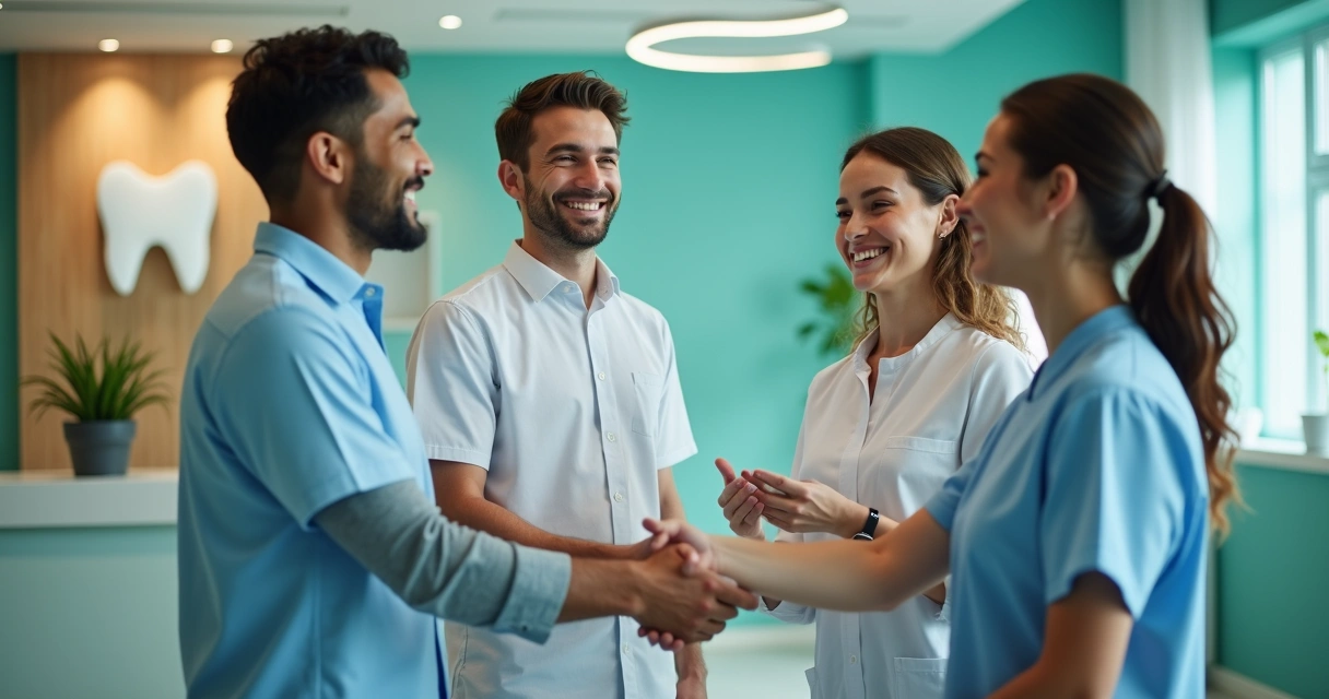 Equipe odontológica cumprimentando paciente satisfeito forma amistosa 