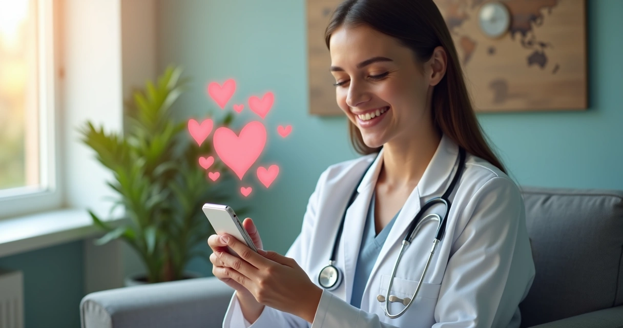 Paciente sorrindo recebendo mensagem de agradecimento digital de médico 