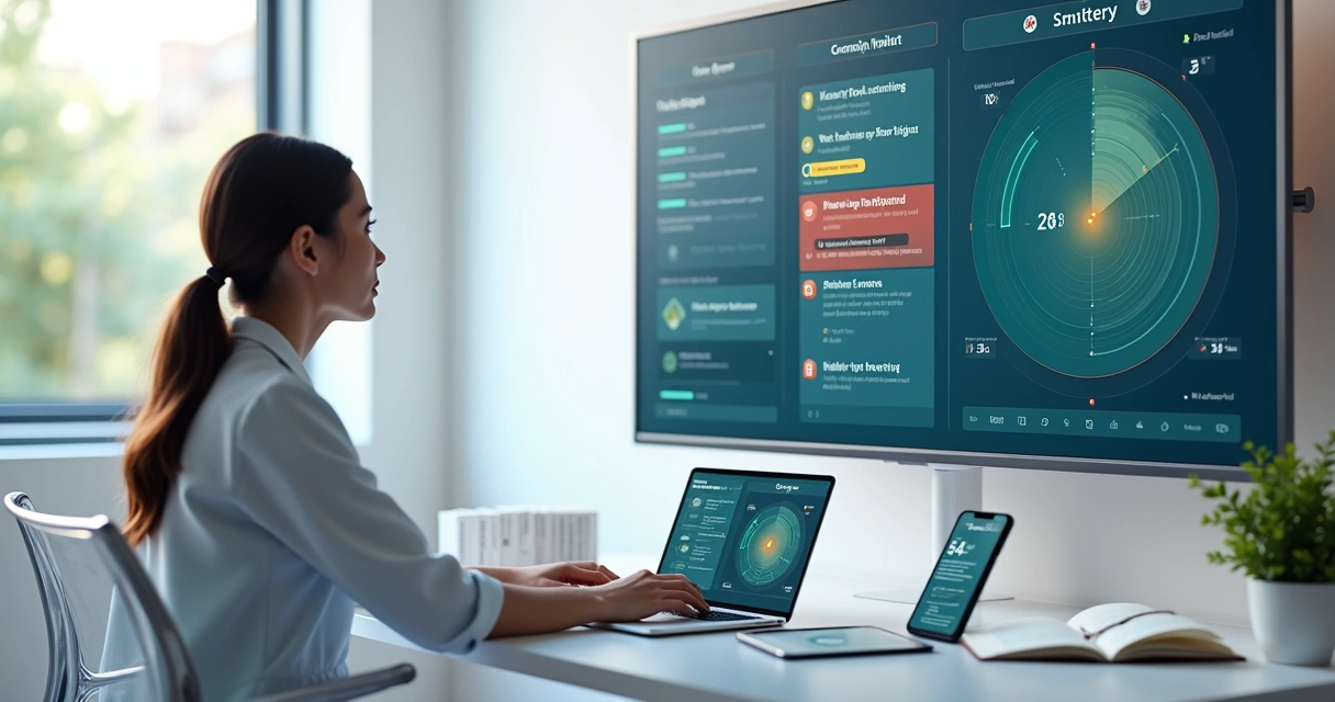 Nutricionista em consultório moderno visualizando fluxo de acompanhamento digital de pacientes em tela grande 