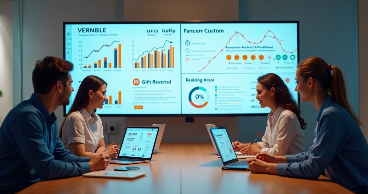 Equipe de marketing analisando gráficos de fidelização e recompra em loja virtual 