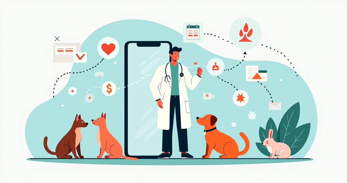 Veterinário sorridente cercado por tutores e pets conectados por ícones digitais de relacionamento 