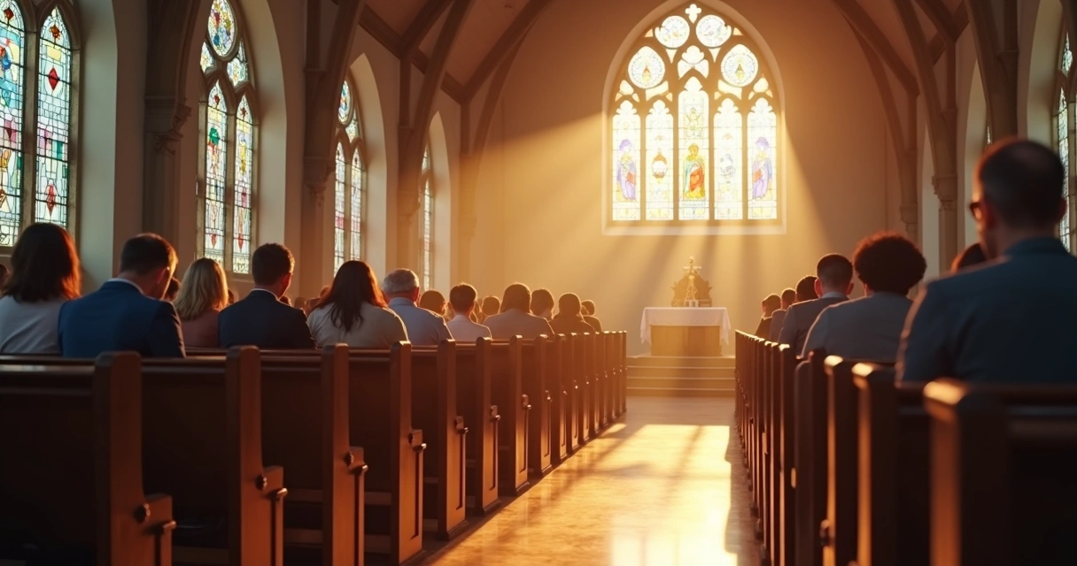 Pessoas rezando sentadas em bancos de madeira dentro de uma igreja católica, luz entrando pelos vitrais 