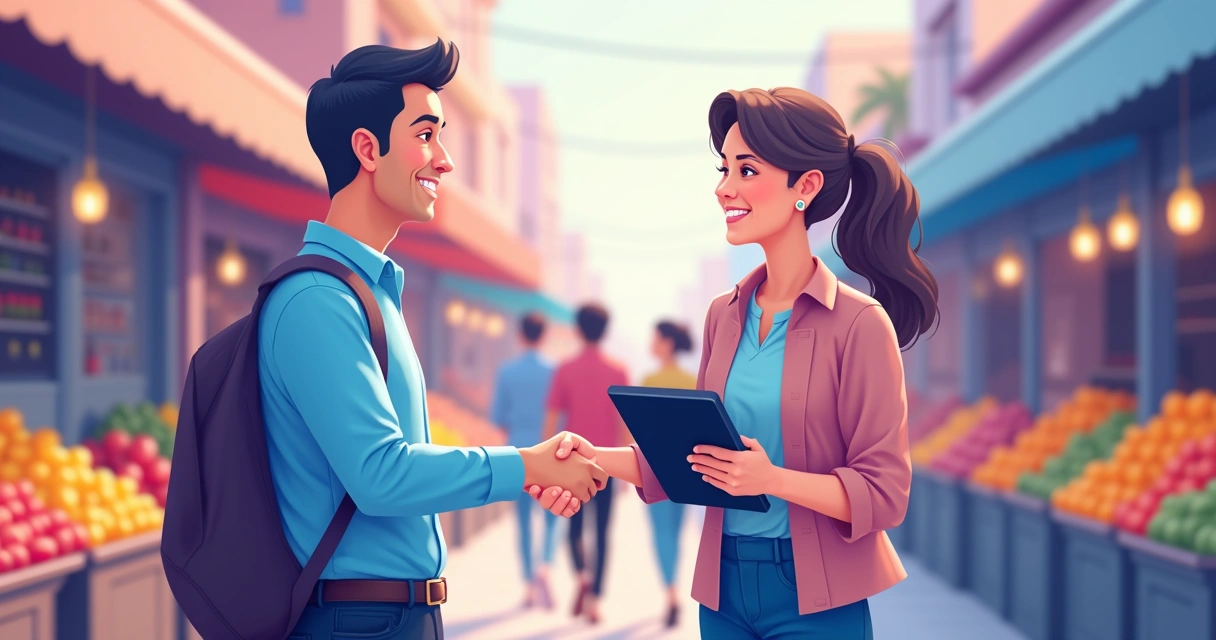 Sales representative shaking hands with local store owner at street market 