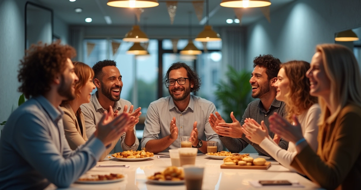 Equipo celebrando un logro en la oficina con sonrisas y aplausos 