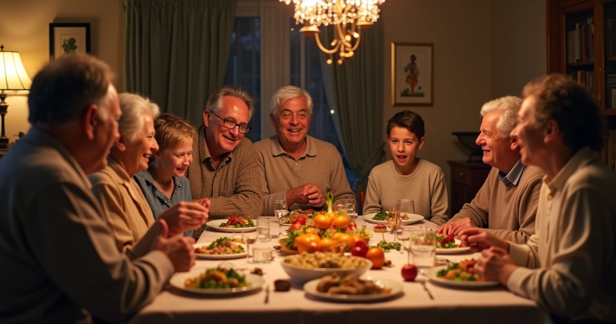 Familia celebrando una fiesta tradicional en casa, mesa decorada, personas de varias edades compartiendo comida y risas.