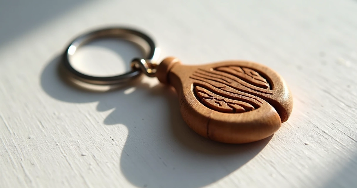 Figa de madeira em chaveiro sobre fundo branco 