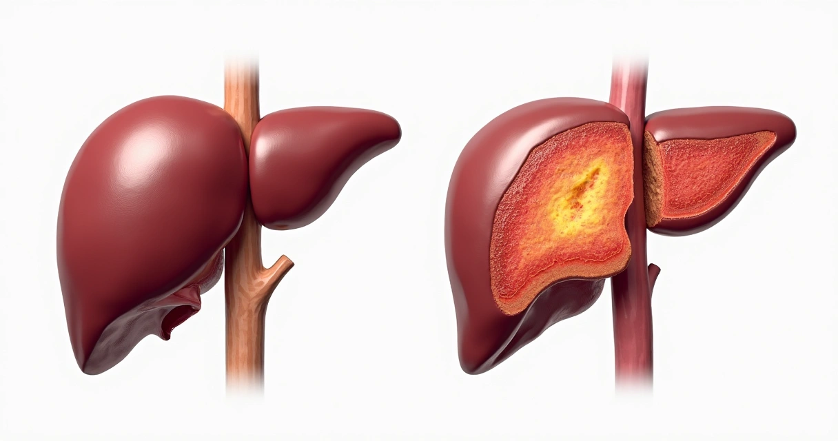Ilustração mostrando fígado normal ao lado de fígado lesionado e inflamado