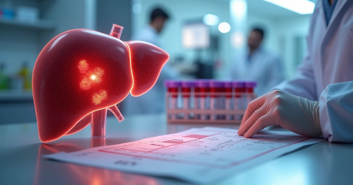 Ilustração de fígado humano com destaque para enzimas e exame de sangue ao fundo 