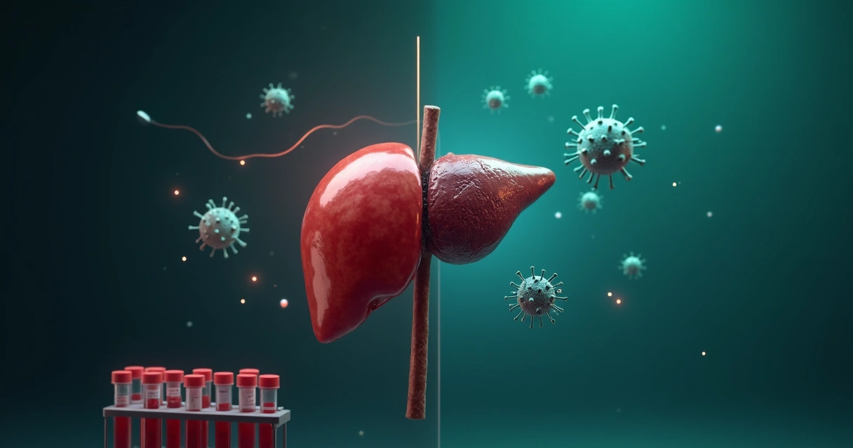 Ilustração realista de fígado humano saudável e doente lado a lado com vírus da hepatite ao fundo 
