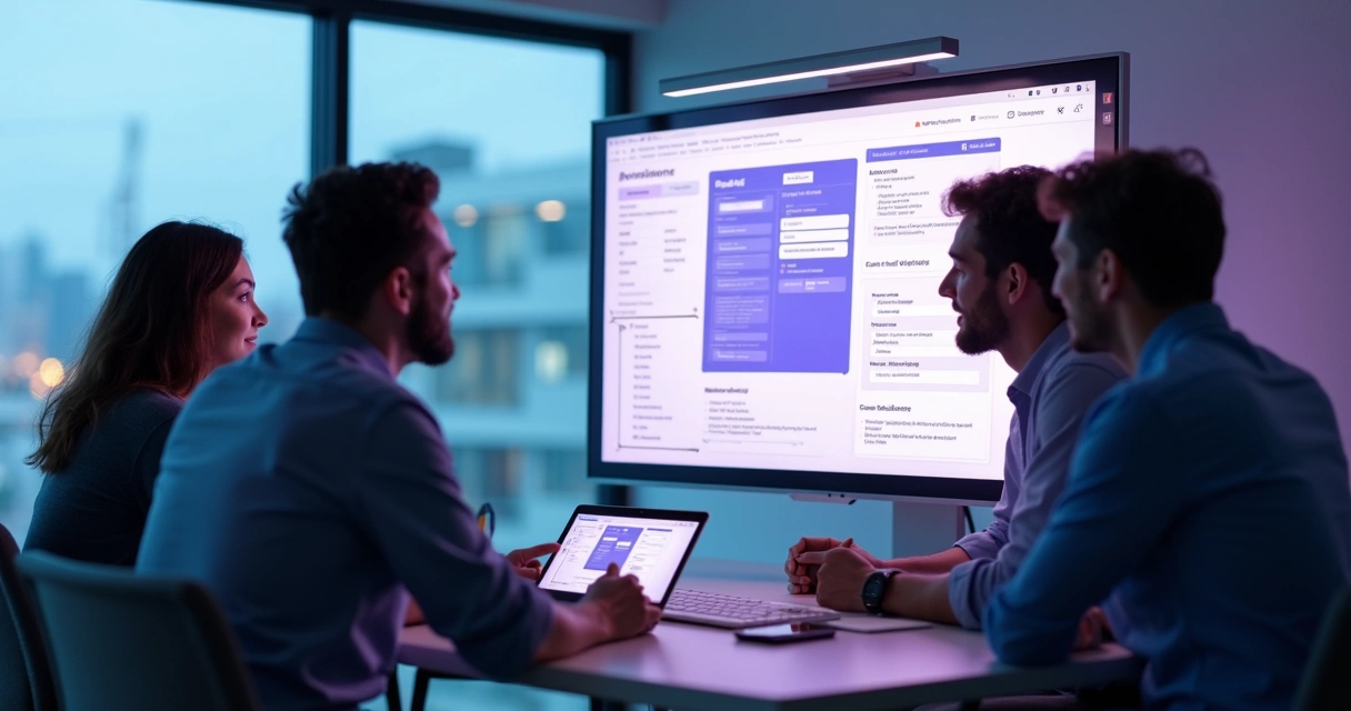 Equipe colaborando em projeto digital no Figma, interface colorida de UI sendo editada em tempo real. 