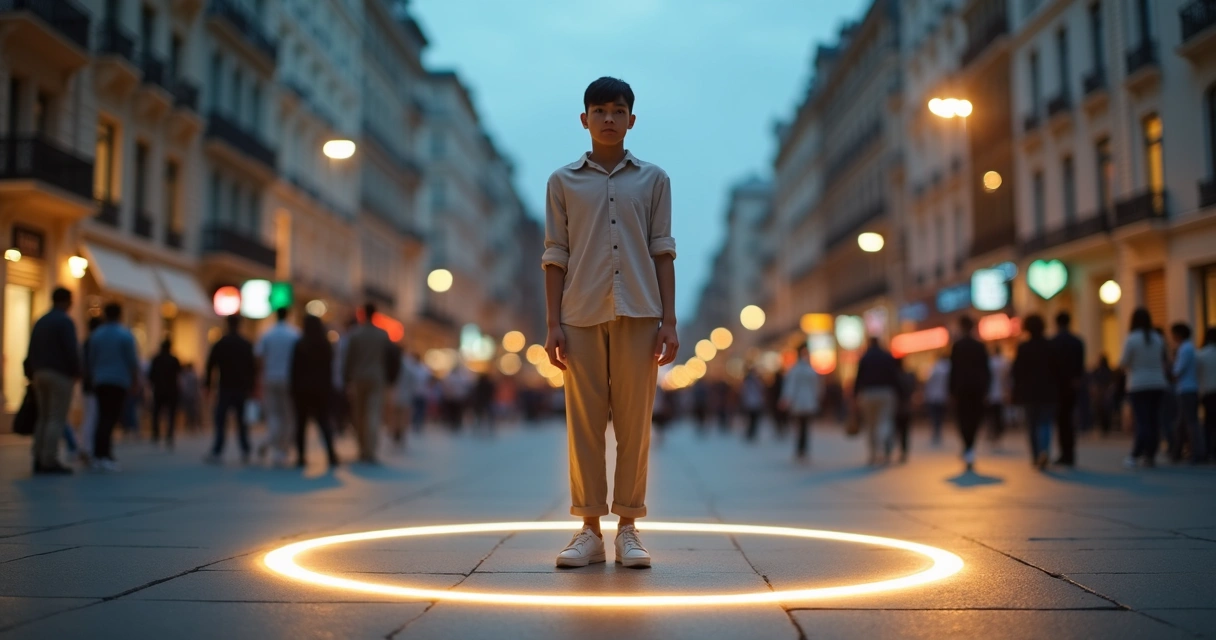 Persona dibujando un círculo luminoso a su alrededor en una ciudad desenfocada 