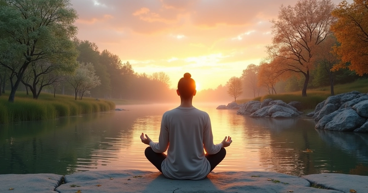 Pessoa meditando de olhos fechados cercada por paisagens das quatro estações ao pôr do sol 