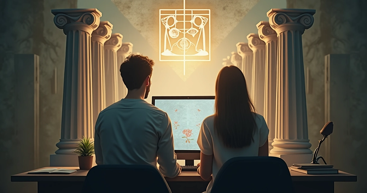 Símbolos de mitos em segundo plano durante sessão online 