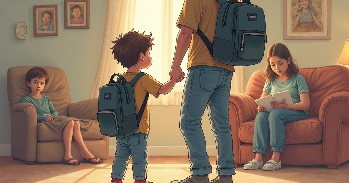 Desenho de uma criança segurando a mão de um adulto e olhando para trás, enquanto carrega uma mochila pesada. 