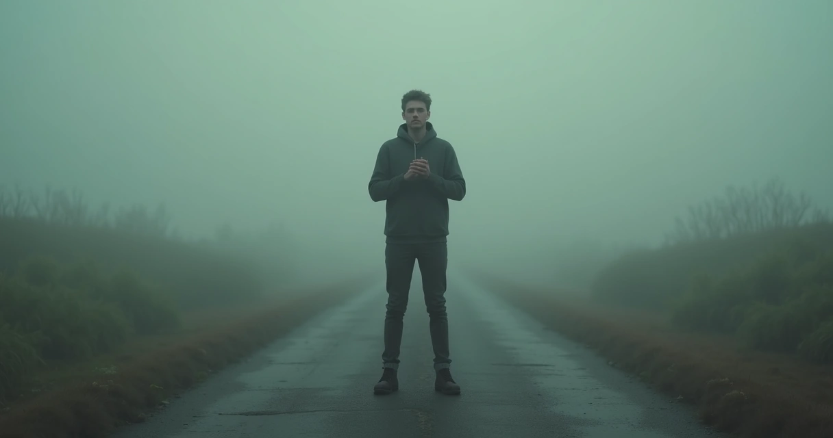 Pessoa parada em caminho vazio, com expressão de dúvida e receio