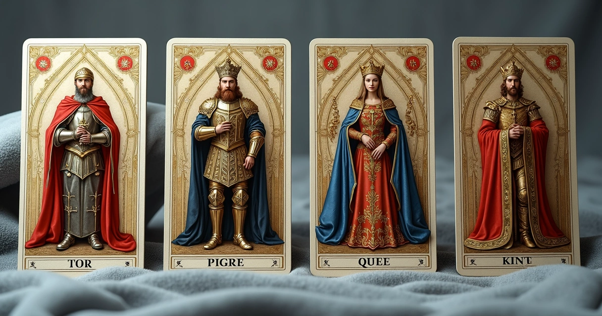 Quatro cartas de figuras da corte do tarot de diferentes naipes alinhadas horizontalmente sobre fundo neutro 