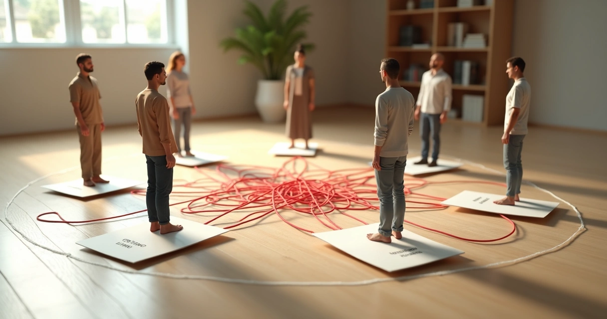 Personas conectadas por hilos rojos formando una constelación en el suelo 