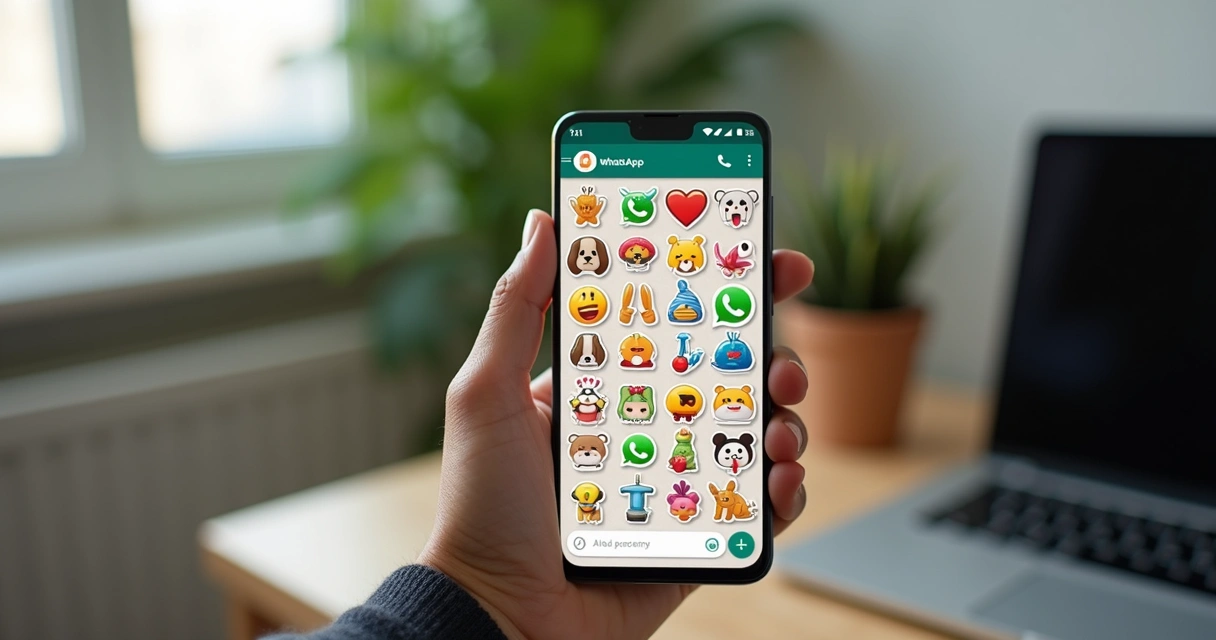 Smartphone mostrando figurinhas animadas coloridas numa conversa de WhatsApp em ambiente moderno 