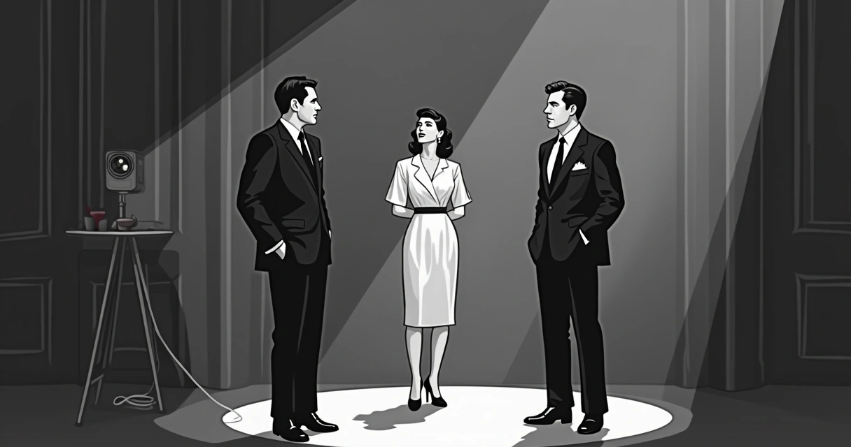 Figurino clássico preto e branco com atores em roupas de época 