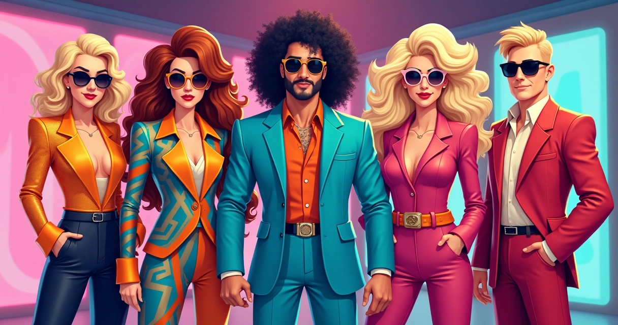 Figurino colorido anos 80 com ombreiras, brilhos e acessórios 