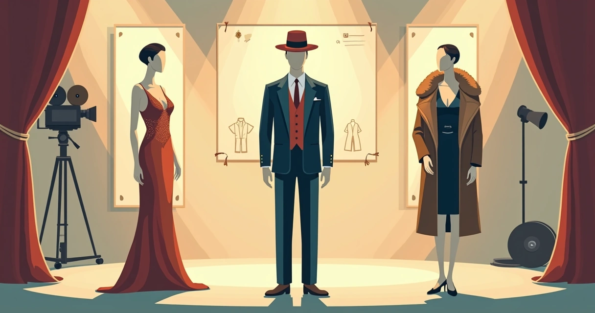 Vários figurinos clássicos dos anos 30 em exposição sobre fundo estilizado de cinema 