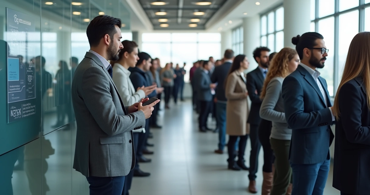 Pessoas esperando em fila de atendimento empresarial. 