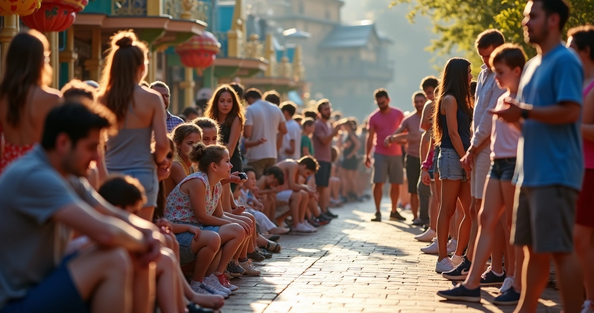 Turistas esperando em fila comum de atração popular da Disney, com crianças e adultos 