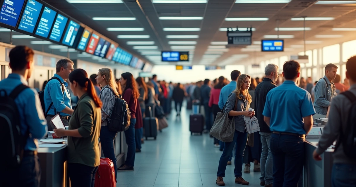 Passageiros em fila nos balcões da companhia aérea. 