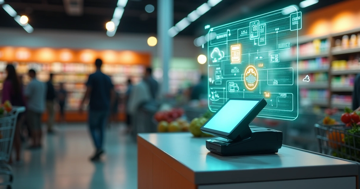 Fila em caixa de supermercado com API assíncrona processando notas fiscais ao fundo 