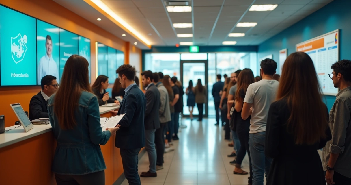 Pessoas na fila em agência bancária brasileira.