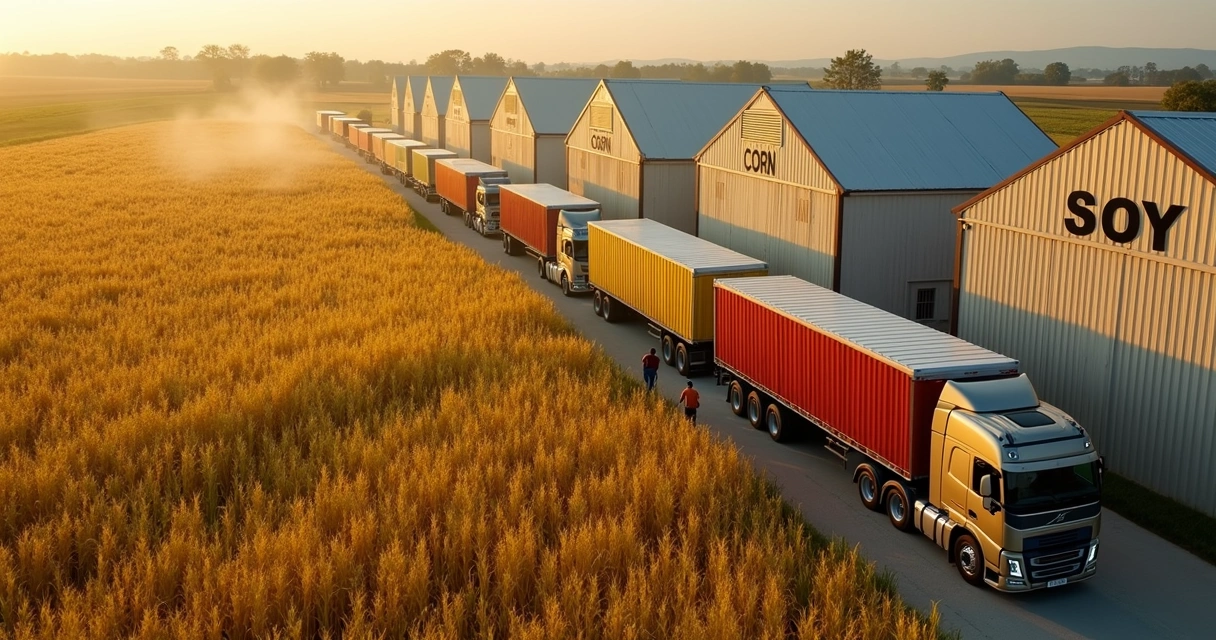 Fila longa de caminhões aguardando carregamento 