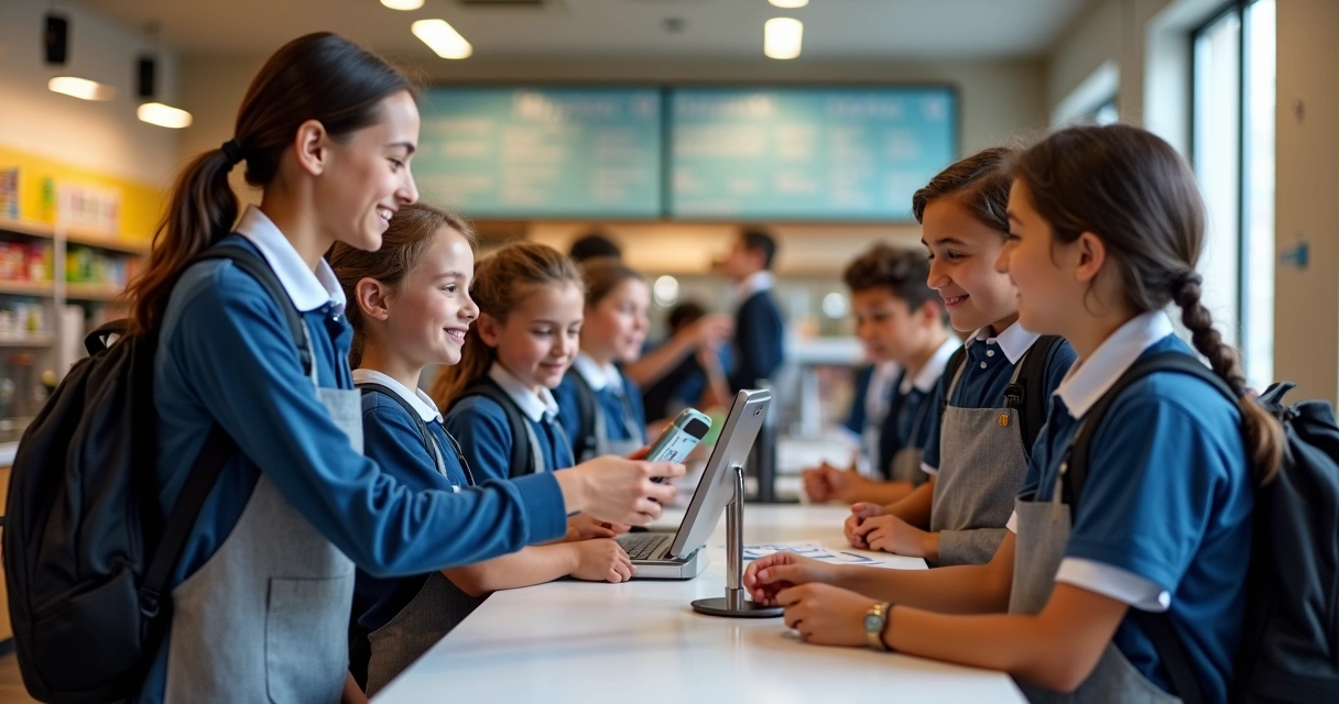 Fila curta em cantina escolar moderna e digitalizada 