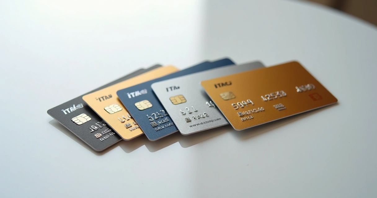 Vários cartões de crédito Itaú dispostos lado a lado e em pilha. 