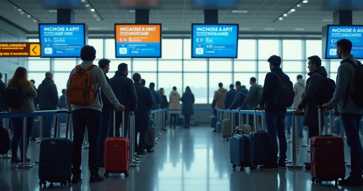 Passageiros aguardando em fila para check-in em aeroporto 