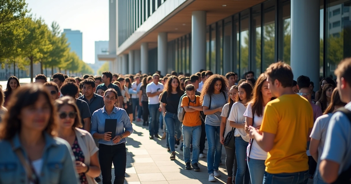 Brasileiros aguardando em fila no consulado para entrevista de visto 