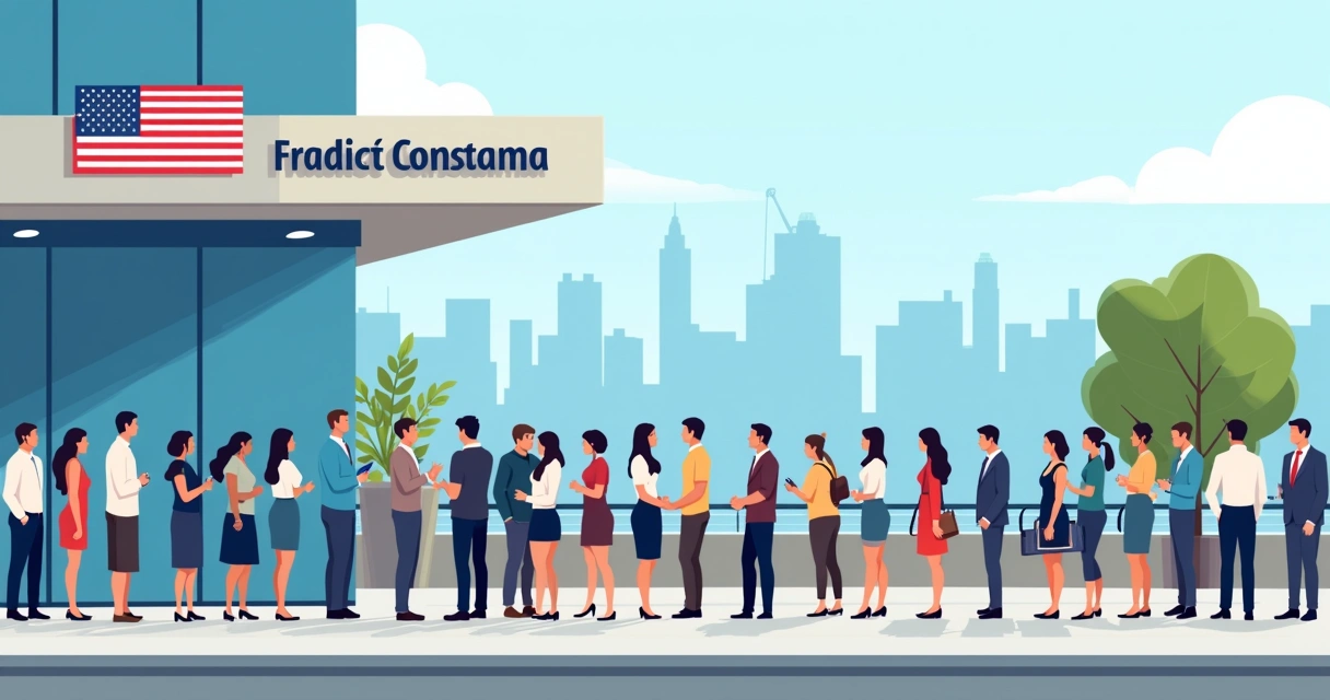 Fila longa de pessoas esperando na frente do consulado americano em São Paulo 