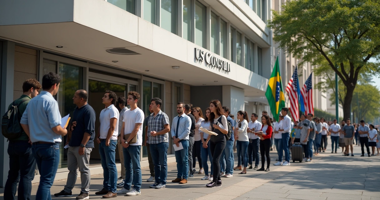 Fila no consulado americano no Brasil, pessoas aguardam para solicitar vistos 