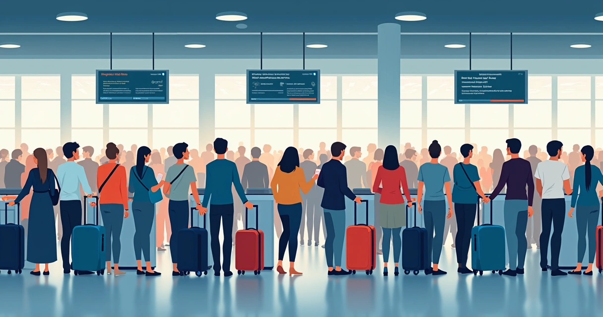 Longa fila de passageiros em controle de fronteira de aeroporto europeu 