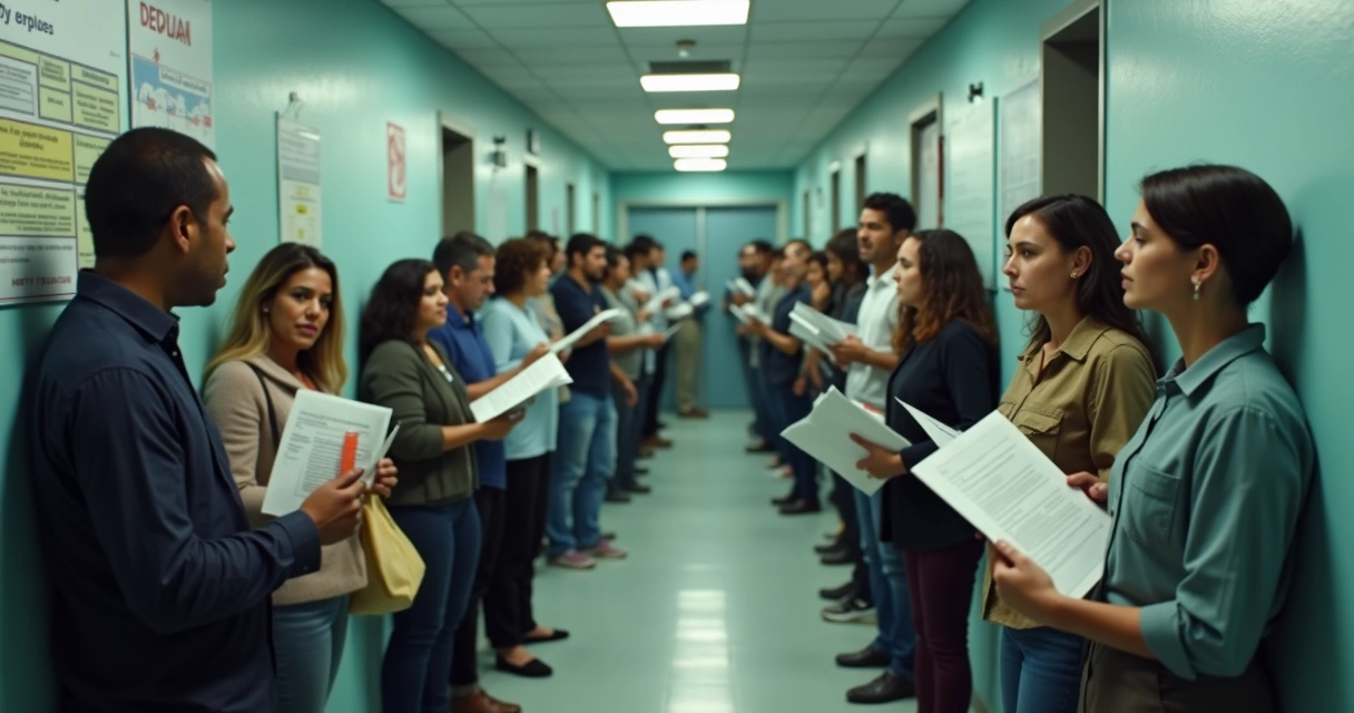 Pessoas esperando em fila dentro de um Detran, segurando documentos. 